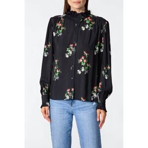 MANOUSH Marie Louise Ruffle Collar Long Sleeve Floral Blouse Black Sz 10